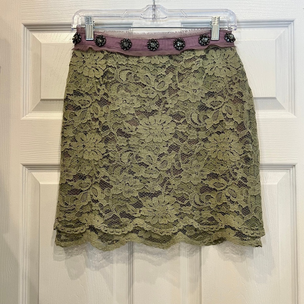 Twelve by Twelve Mini Skirt Lace Cotton Sage Green Fairycore Whimsical Boho S